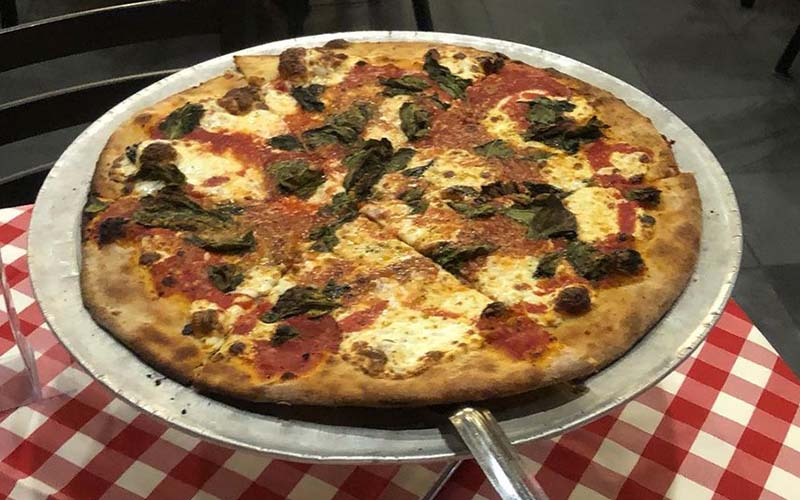 A whole pizza pie at Grimaldi's Pizzeria. 